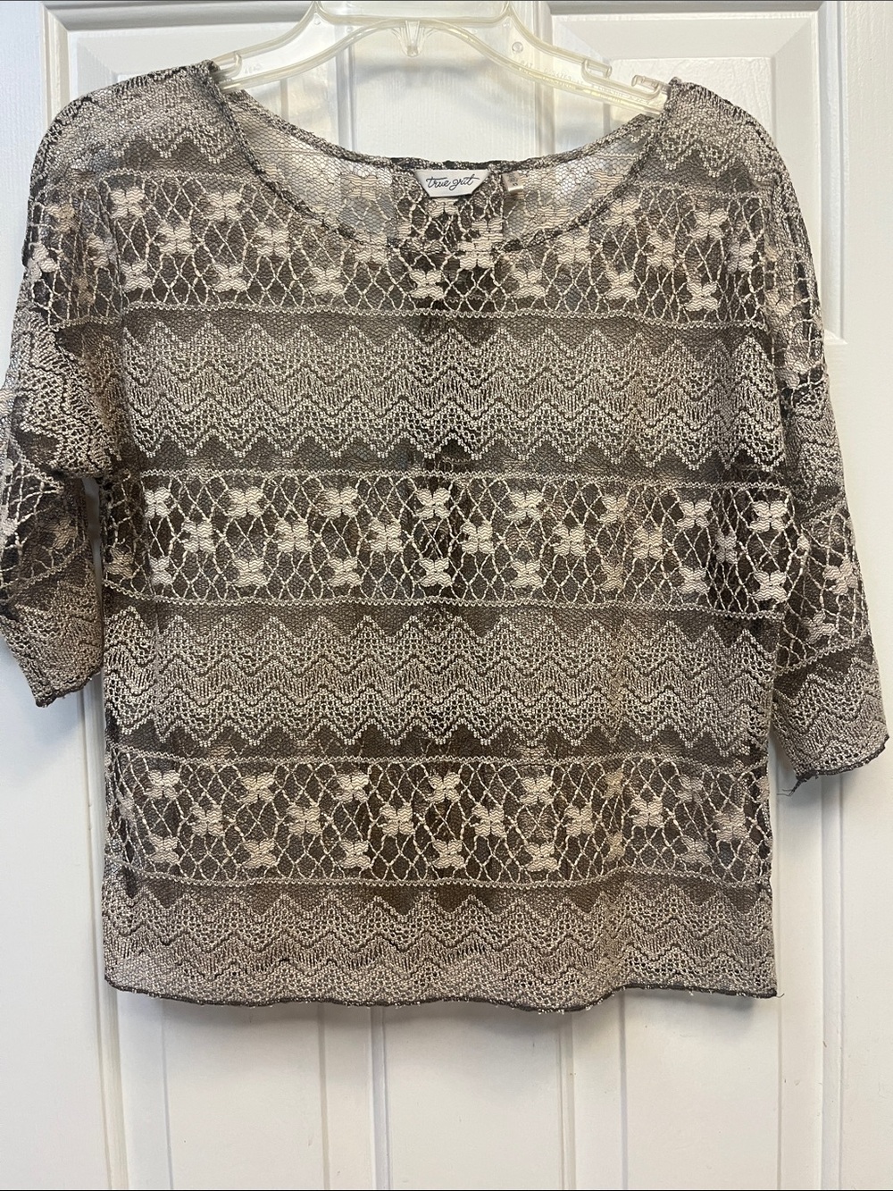 True Grit Taupe Lace Short Sleeve blouse XS NWOT